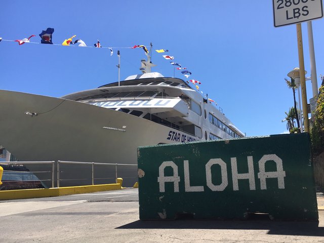 ホノルル港の ALOHA の看板と客船