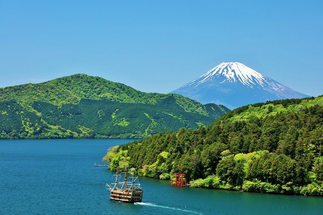 芦ノ湖と富士山と鳥居（箱根）