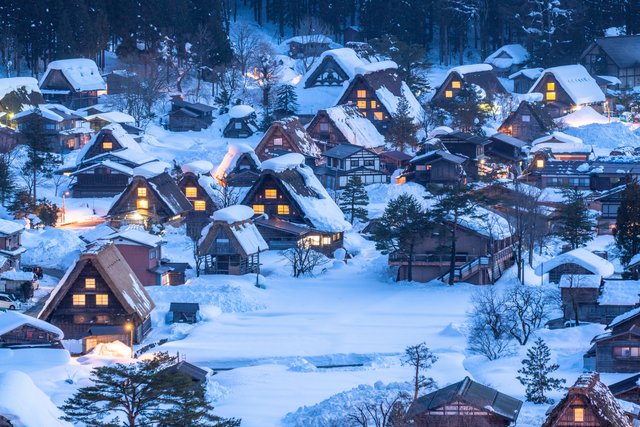雪の白川郷のライトアップ(岐阜)