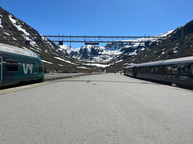 ミュルダール駅に停まるフロム鉄道の客車