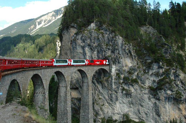 ランドヴァッサー橋を渡る赤い列車